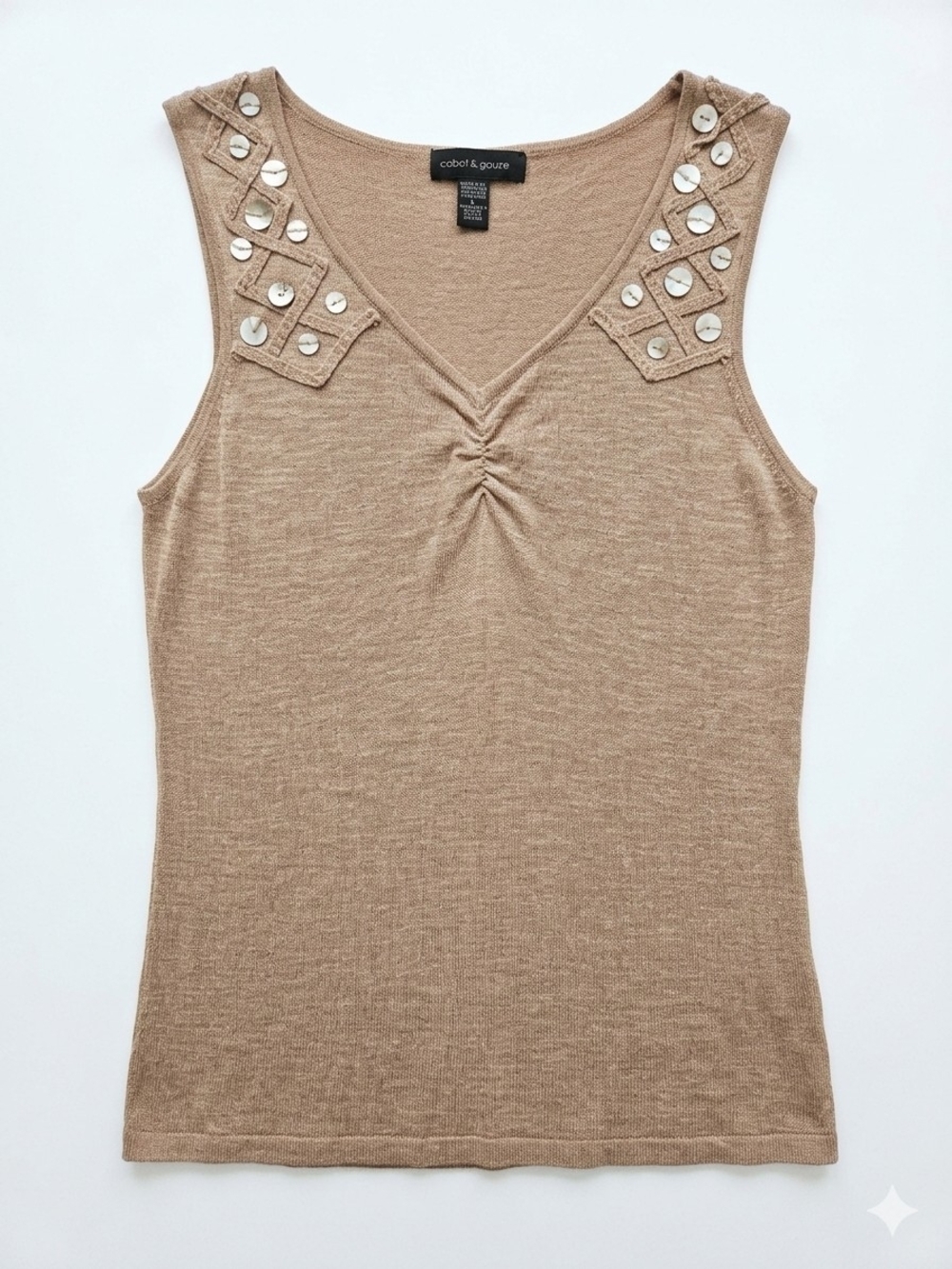 Cable & Gauge Tan Sleeveless Knit Tank with Shoulder Button Detail